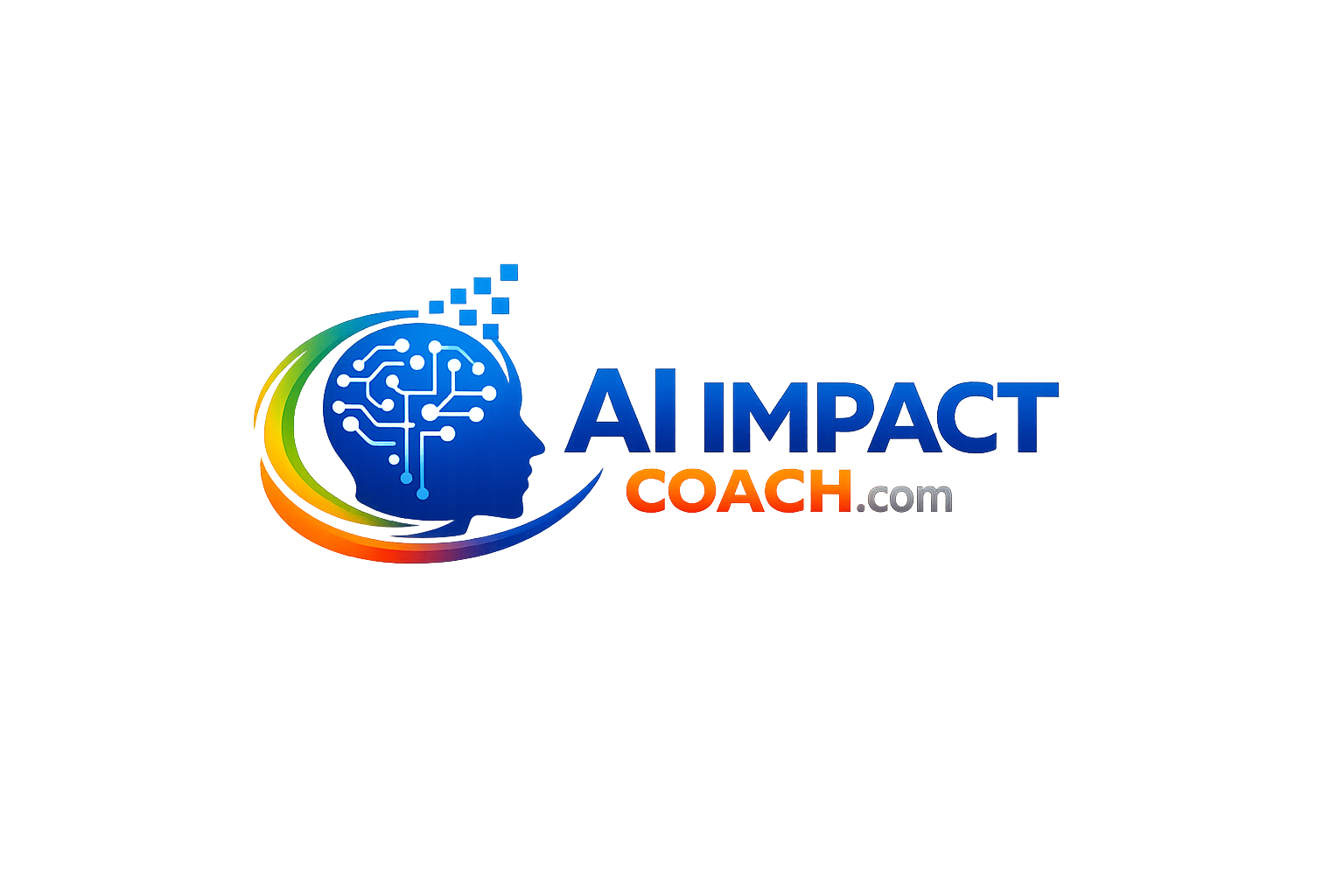 AI Impact Coach logo featuring a human head silhouette with a glowing circuit-style brain, colorful gradient swoosh, and the text “AI Impact Coach.com,” representing AI-driven coaching, innovation, and digital growth.